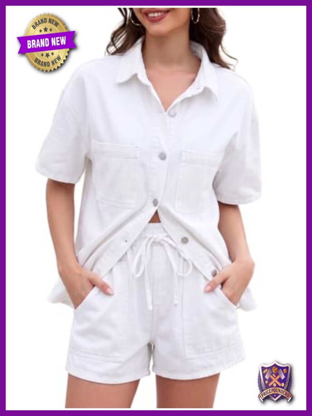 Womens 2 Piece Denim Set Short Sleeve Button Down Shirt & Jean Shorts